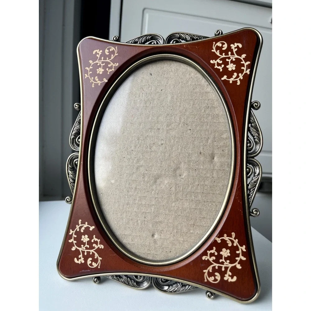 Antiqued Brass and Mahogany Wood 5x7 frame, Art Nouveau style